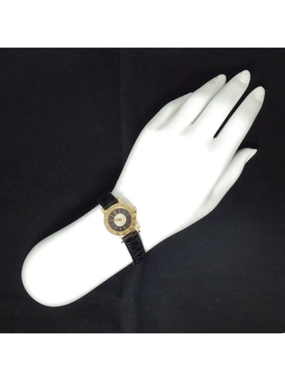 Bvlgari Watch Black Dial Leather Strap Pave Diamond 18k Yellow Gold SS Quartz